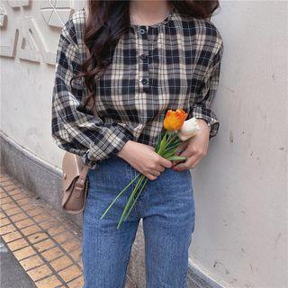 Plaid Long-sleeve Blouse As Figure - One Size