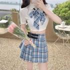 Short-sleeve Tie-neck Crop Shirt / Plaid Pleated Mini A-line Skirt