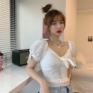 Short-sleeve Eyelet Bow Cropped Blouse White - One Size