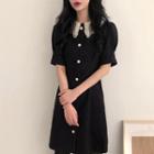 Lace Collar Short Sleeve Dress Black - One Size