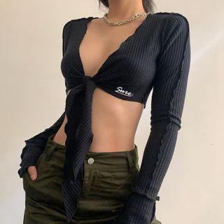 Long-sleeve Deep V-neck Lettering Embroidered Tie-strap Crop Top