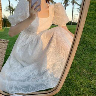 Puff-sleeve Cutout-back Midi A-line Dress