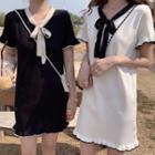 Short-sleeve Tie-neck Knit Mini Sheath Dress