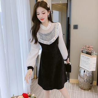 Long-sleeve Embellished Frill Trim A-line Dress