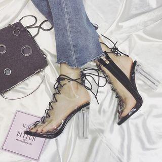 Transparent Block Heel Lace Up Peep-toe Pumps