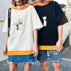 Couple Matching Cat Print Hooded Elbow-sleeve T-shirt