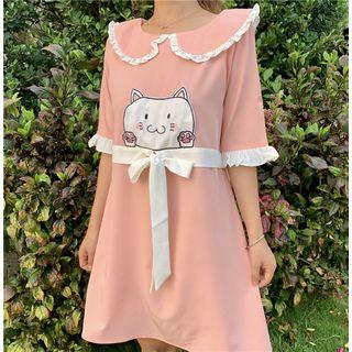 Short-sleeve Cat Applique A-line Dress