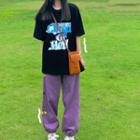 Elbow-sleeve Lettering Print T-shirt / Harem Pants