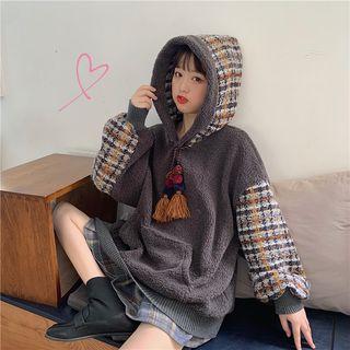 Faux Shearling Plaid Panel Hoodie