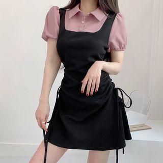 Puff-sleeve Collar Two-tone Mini Sheath Dress