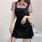 Puff-sleeve Collar Two-tone Mini Sheath Dress