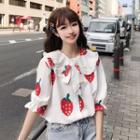 Strawberry Print Peter Pan Collar Elbow-sleeve Blouse Strawberry - One Size