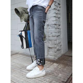 Sequined-hem Band-waist Jeans