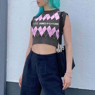Lettering Argyle Knit Crop Tank Top