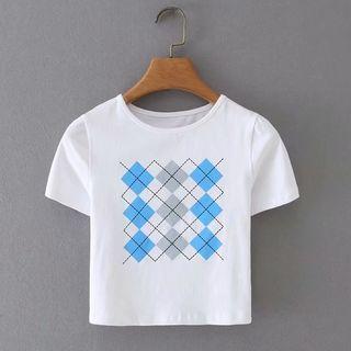 Short-sleeve Argyle Print Slim-fit T-shirt