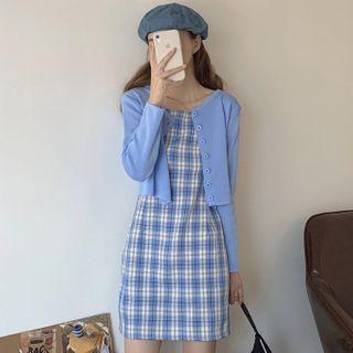 Plain Cardigan / Plaid Spaghetti Strap Mini Dress
