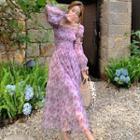 Puff-sleeve Off-shoulder Floral Print Maxi A-line Dress
