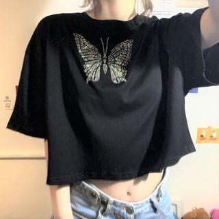 Short-sleeve Rhinestone Butterfly T-shirt
