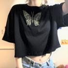 Short-sleeve Rhinestone Butterfly T-shirt