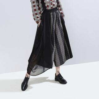 Chiffon-panel Plaid Wide-leg Carpi Pants Black - One Size