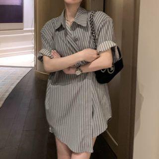 Elbow-sleeve Striped Shirt Stripe - Gray - One Size