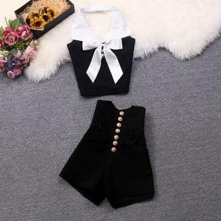 Set: Bow Accent Halter Top + High Waist Button-up Shorts