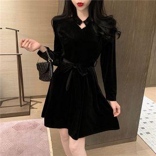 Long-sleeve Velvet Dress Black - One Size
