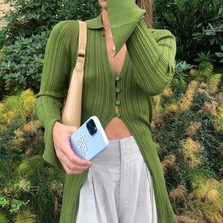 Plain V-neck Long-sleeve Long Blouse