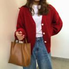 Plain Loose-fit Cardigan Red - One Size