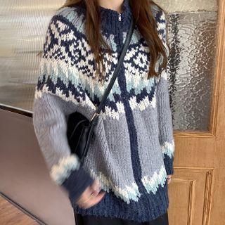 Patterned Zip-up Cardigan Black & Beige & Aqua Green & Gray - One Size