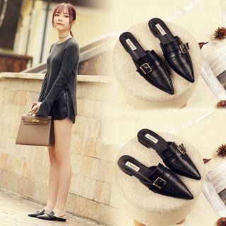 Faux Leather Buckled Pointed Mules