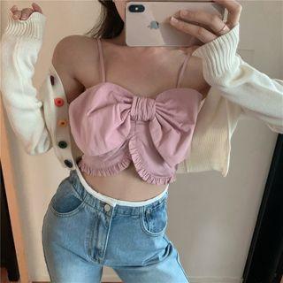 Set: Bow Cropped Camisole Top + Cardigan