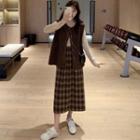Long-sleeve Knit Top / Knit Vest / Plaid Midi A-line Skirt