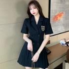Short-sleeve Logo Embroidered Double-breasted Pleated Mini A-line Blazer Dress
