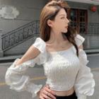 Long-sleeve Cold Shoulder Ruffled Shirred Crop Top White - One Size