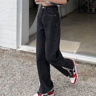 Slit-hem Lace Trim Wide Leg Jeans