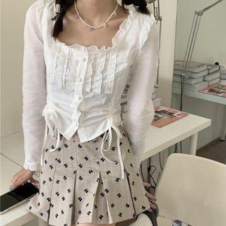 Long-sleeve Frill Trim Drawstring Crop Top / Bow Print Pleated Mini A-line Skirt