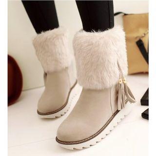 Suede Tassels Accent Furry Lined Platform Ankle Boots