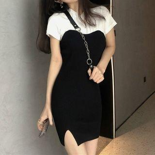 Short-sleeve Mock Two-piece Mini Sheath Dress Black & White - One Size