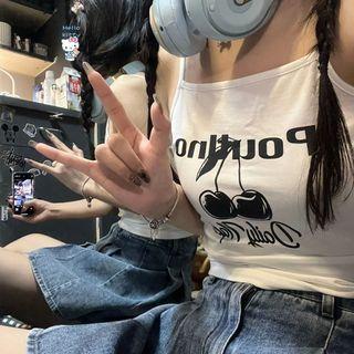 Lettering Cherry Printed Crop Camisole Top White - One Size