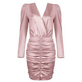 Long-sleeve V-neck Ruched Satin Mini Sheath Dress