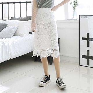 Band-waist Lace-overlay Midi H-line Skirt