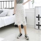 Band-waist Lace-overlay Midi H-line Skirt