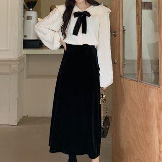 Bow Accent Blouse / A-line Midi Velvet Skirt
