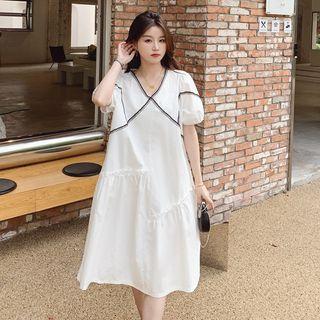 Color Block V-neck Puff-sleeve Panel Dress