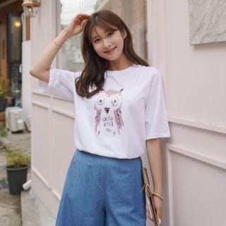 Round-neck Owl-printed T-shirt