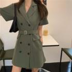 Double-breasted Short-sleeve Mini A-line Blazer Dress Army Green - One Size