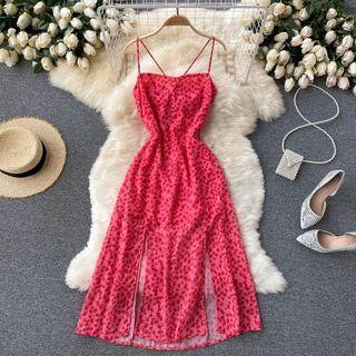 Open-back Lace-up Strap Slit Spaghetti-strap Dress