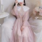 Lace Collared Long-sleeve Midi Dress