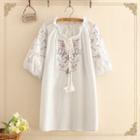 Floral Embroidered Elbow-sleeve Blouse With Tie